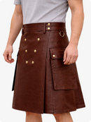 Handcrafted Brown Leather Utility Kilt with Front Button Rivets