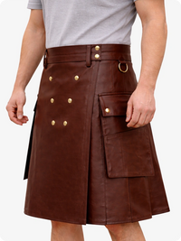 Handcrafted Brown Leather Utility Kilt with Front Button Rivets