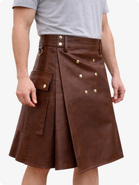 Handcrafted Brown Leather Utility Kilt with Front Button Rivets
