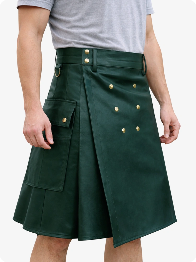 Handcrafted Dark Green Leather Utility Kilt with Front Button Rivets