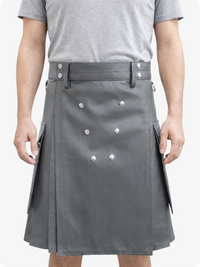 Handcrafted Grey Leather Utility Kilt with Front Button Rivets