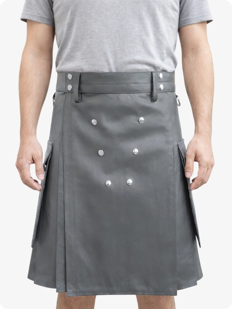 Handcrafted Grey Leather Utility Kilt with Front Button Rivets