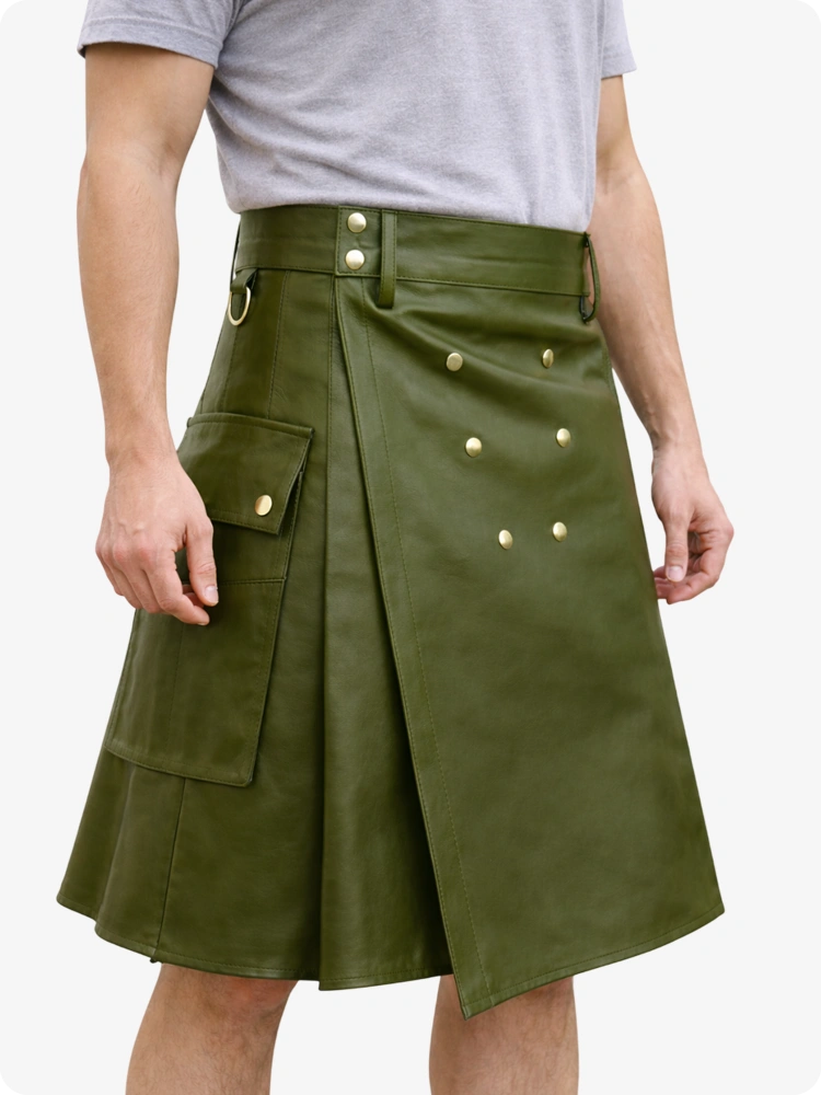 Handcrafted Olive Green Leather Utility Kilt with Front Button Rivets