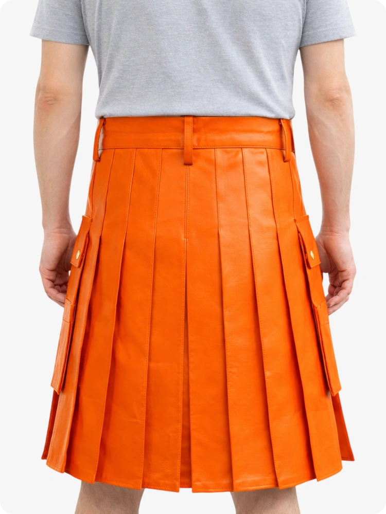 Handcrafted Orange Leather Utility Kilt with Front Button Rivets