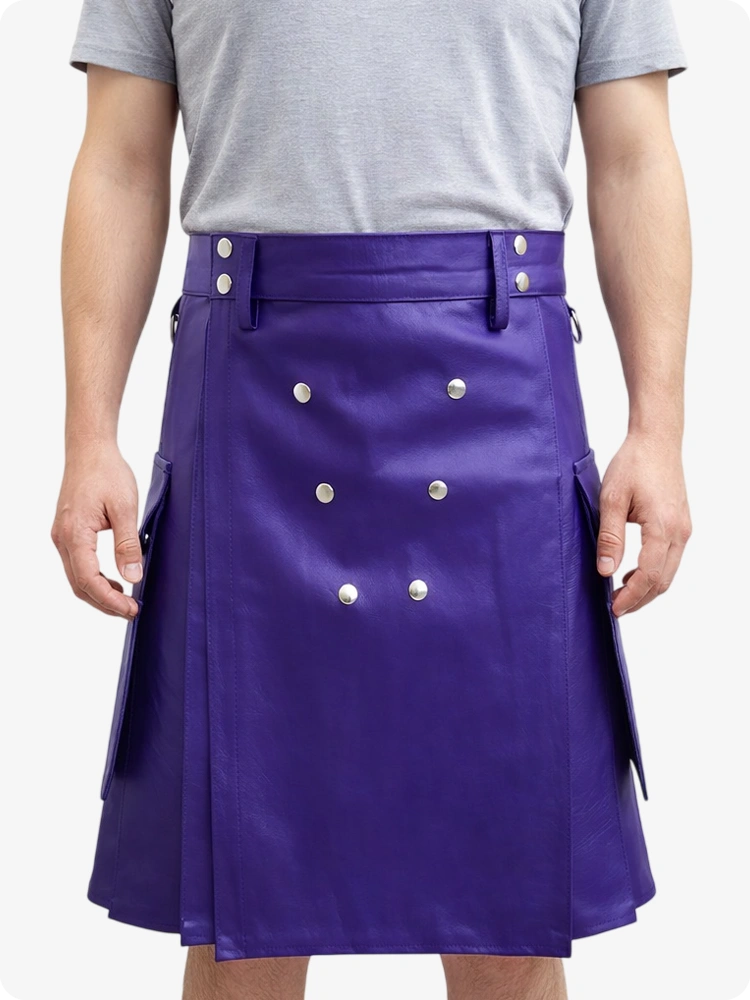Handcrafted Purple Leather Utility Kilt with Front Button Rivets