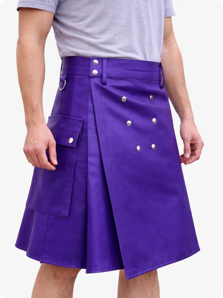 Handcrafted Purple Leather Utility Kilt with Front Button Rivets