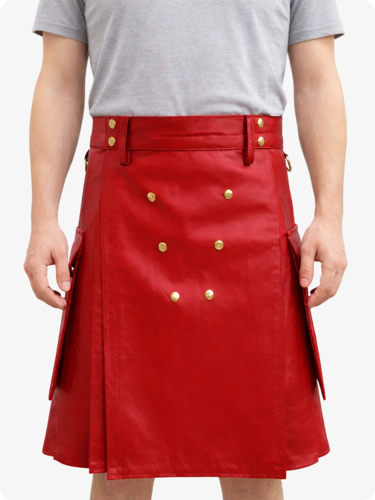 Handcrafted Red Leather Utility Kilt with Front Button Rivets