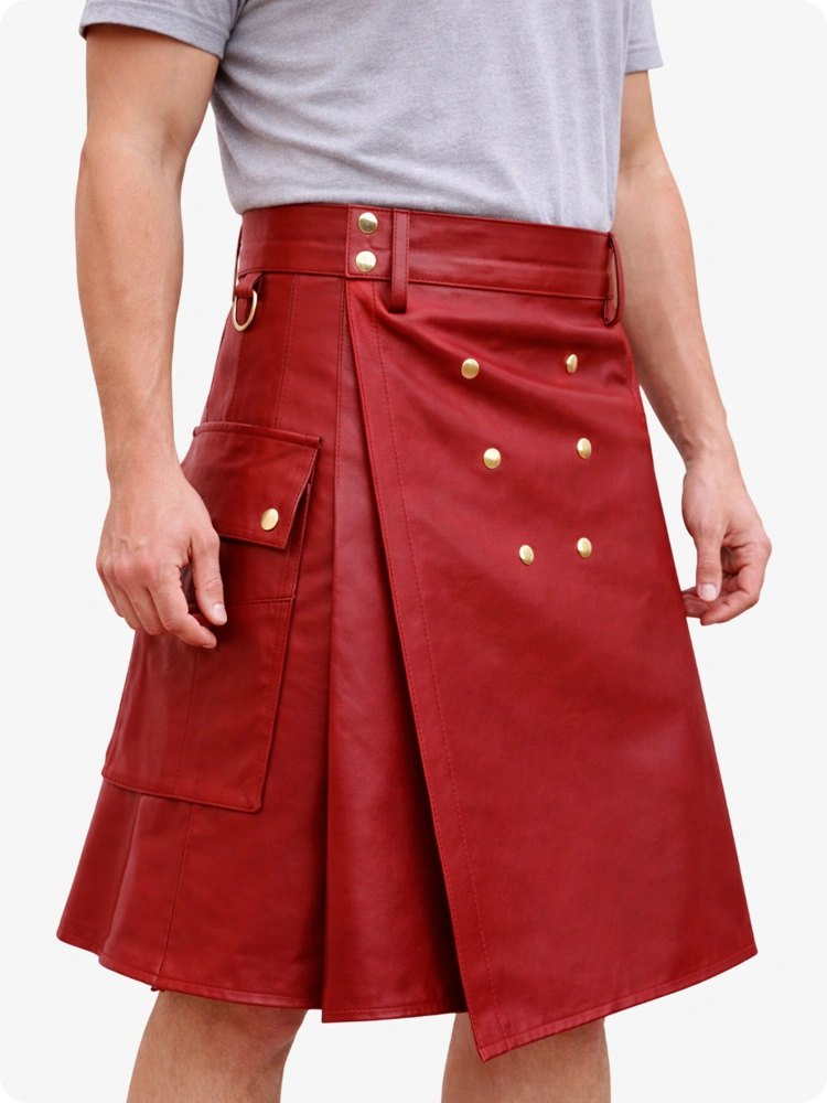 Handcrafted Red Leather Utility Kilt with Front Button Rivets