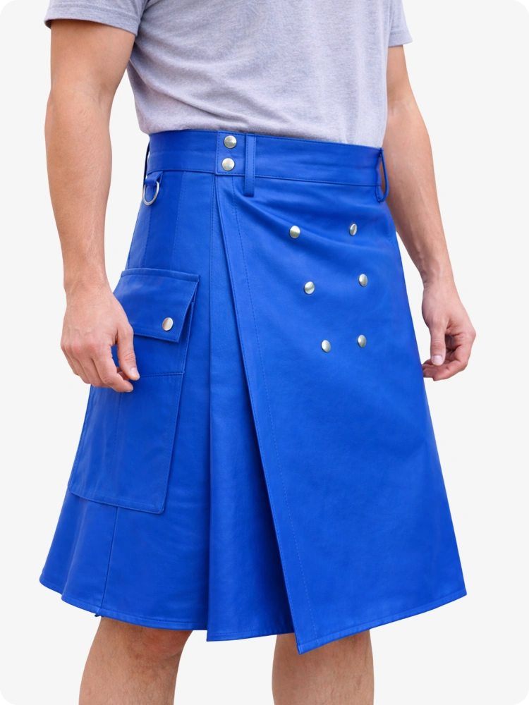 Handcrafted Standard Blue Leather Utility Kilt with Front Button Rivets