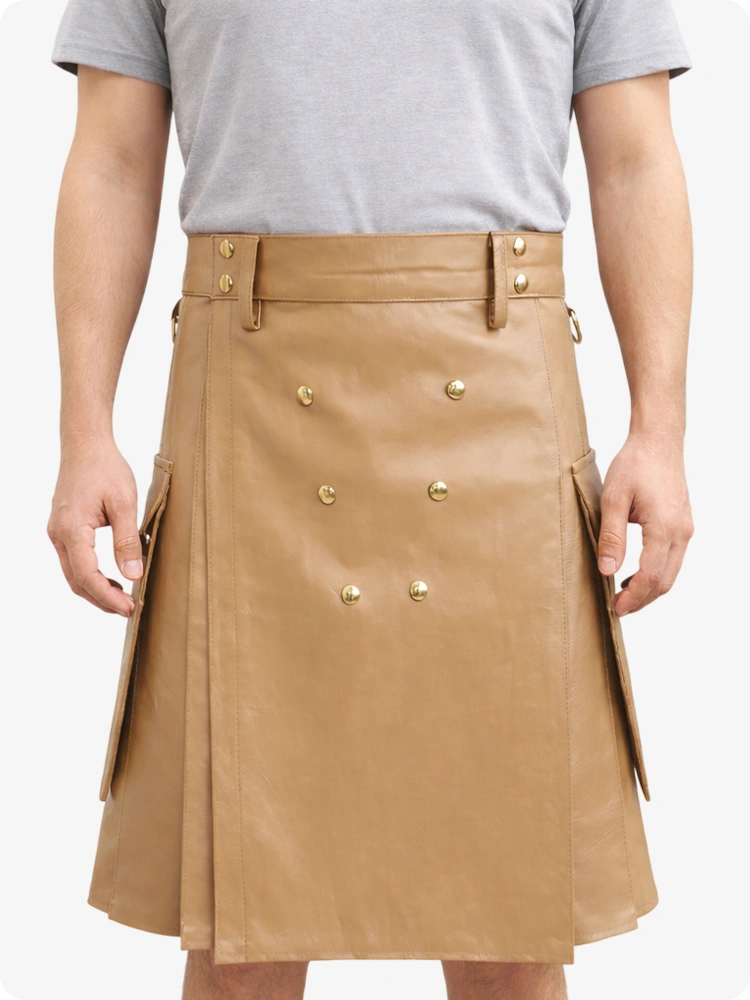 Handcrafted Tan Leather Utility Kilt with Front Button Rivets