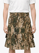 Camouflage skirt worn by a person on a white background
