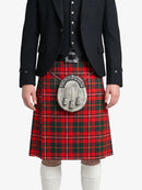 Person wearing a red tartan kilt with a black jacket on a white background