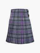 Plaid kilt with purple and gray pattern on a white background