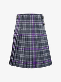 Plaid kilt with purple and gray pattern on a white background