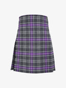 Plaid kilt with purple and gray pattern on a white background