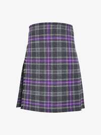 Plaid kilt with purple and gray pattern on a white background