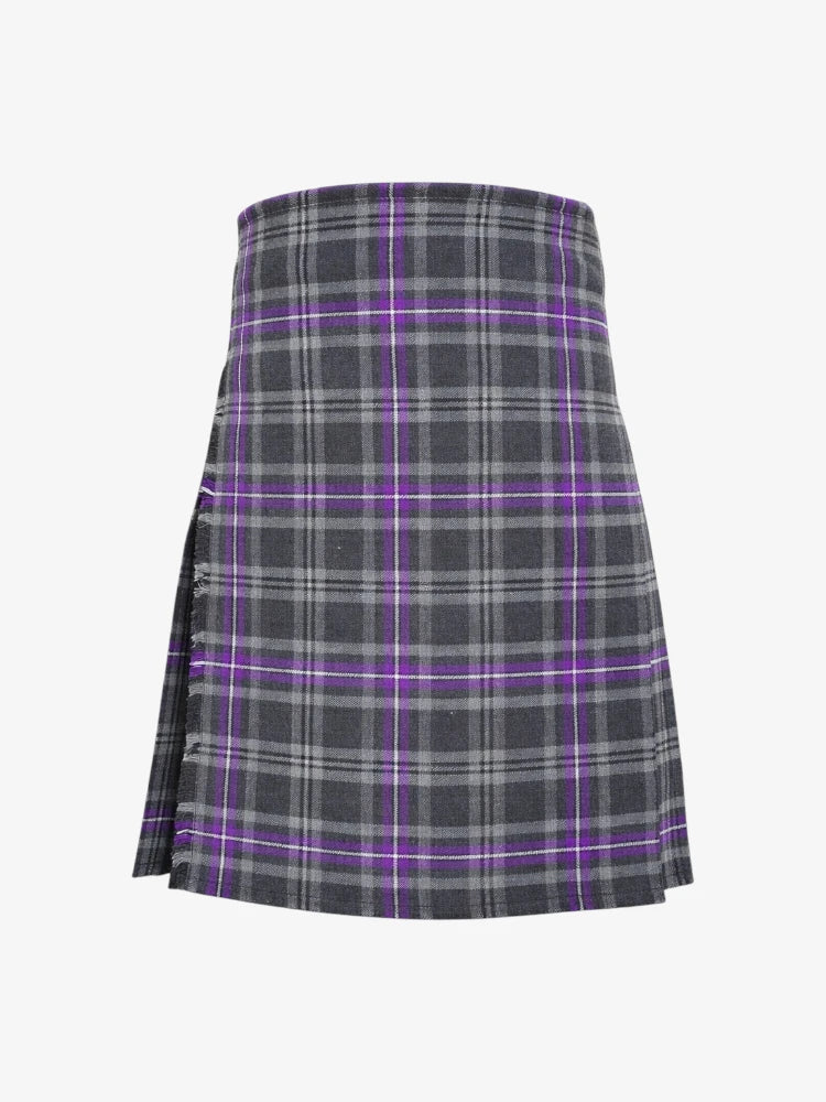 Plaid kilt with purple and gray pattern on a white background