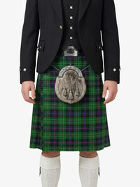 Person wearing a green plaid kilt with a black jacket on a white background