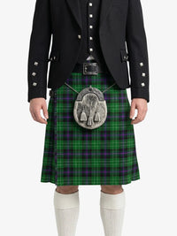 Person wearing a traditional Scottish kilt with a tartan pattern on a white background