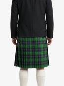Person wearing a black coat and green plaid kilt on a white background