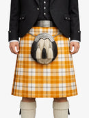 Person wearing a traditional Scottish kilt with a plaid pattern on a white background