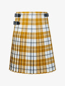 Plaid kilt with a white and yellow pattern on a white background