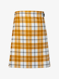 Plaid kilt with yellow, white, and black pattern on a white background