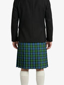 Person wearing a black coat and blue plaid kilt on a white background