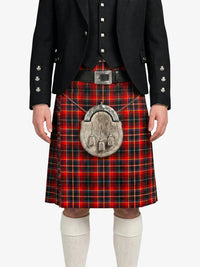 Person wearing a traditional Scottish kilt with a sporran on a white background