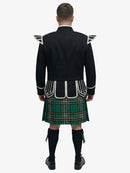 Person wearing a black doublet jacket and irish national plaid tartan kilt on a white background