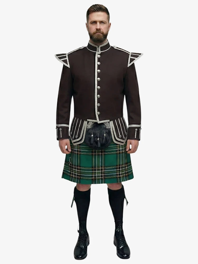 Irischer National-Tartan Doublet-Kilt-Outfit mit Dunkelbrauner Jacke