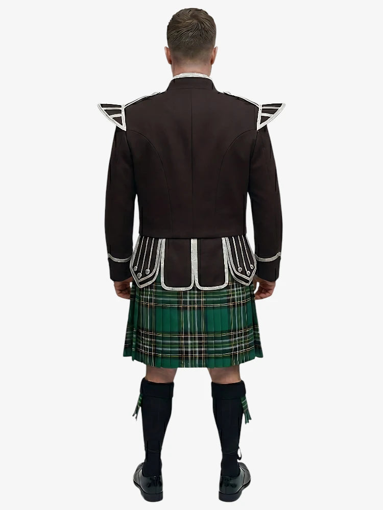 Irischer National-Tartan Doublet-Kilt-Outfit mit Dunkelbrauner Jacke