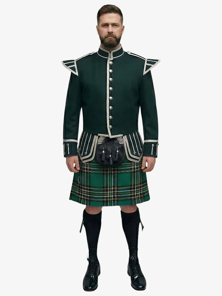 Irish National Tartan Doublet Kilt Outfit mit dunkelgrünem Jackett