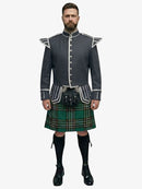 Man wearing a traditional Scottish irish national tartan kilt with a gray jacket on a white background