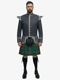 Man wearing a traditional Scottish irish national tartan kilt with a gray jacket on a white background