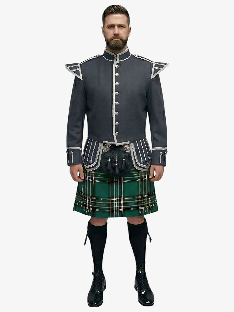 Irish National Tartan Doublet Kilt Outfit mit dunkelgrauer Jacke