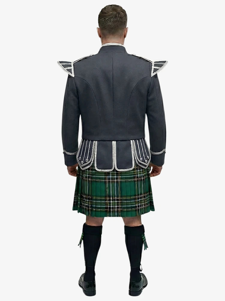 Irish National Tartan Doublet Kilt Outfit mit dunkelgrauer Jacke