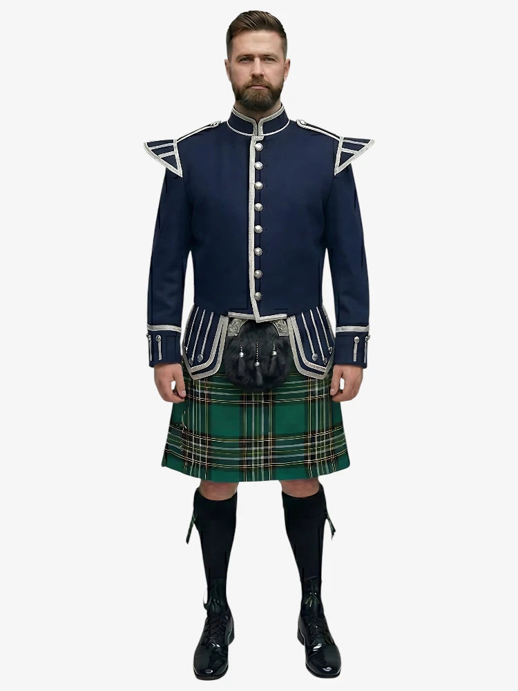Irish National Tartan Doublet Kilt Outfit mit Marineblauer Jacke