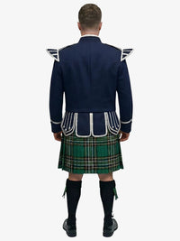 Person wearing a traditional Scottish irish national tartan kilt with a navy jacket on a white background