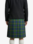 Person wearing a black jacket and plaid kilt on a white background