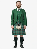 Man wearing a traditional green Scottish kilt with jacket and hose on a white background
