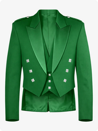 Kellygrüne Prince Charlie Kilt-Jacke mit Satin-Revers & Silbernen Quadratischen Knöpfen