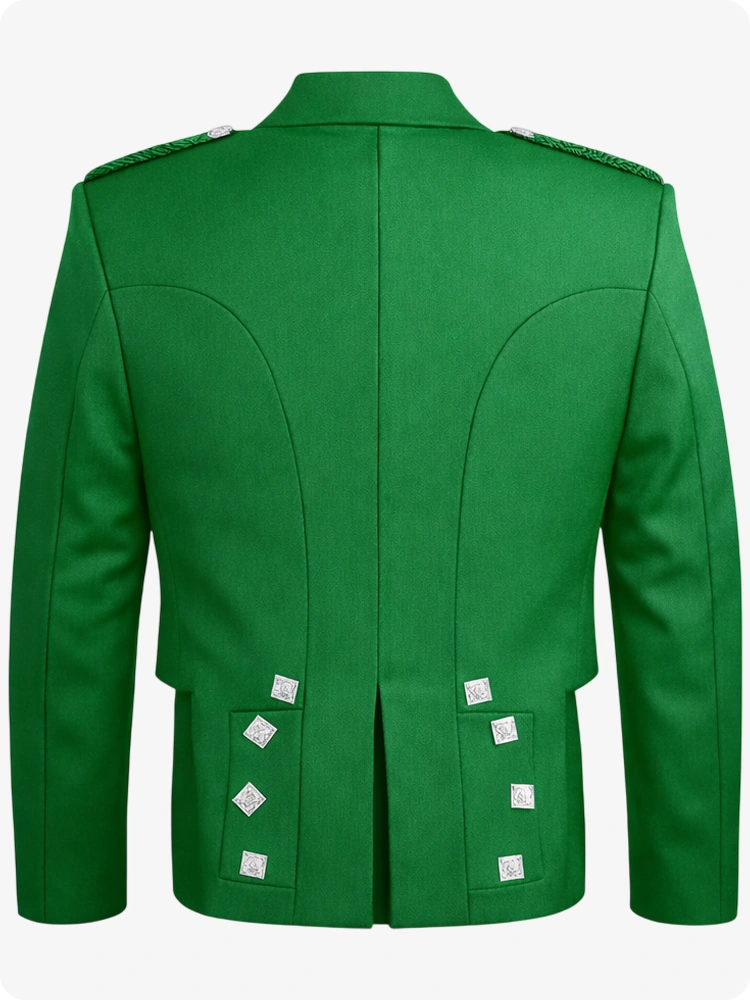 Kellygrüne Prince Charlie Kilt-Jacke mit Satin-Revers & Silbernen Quadratischen Knöpfen