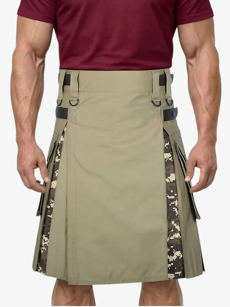 Khaki Hybrid-Kilt mit Tarn-Seiteneinsätzen