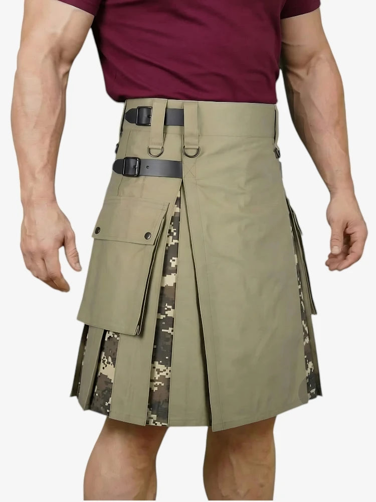 Khaki Hybrid-Kilt mit Tarn-Seiteneinsätzen