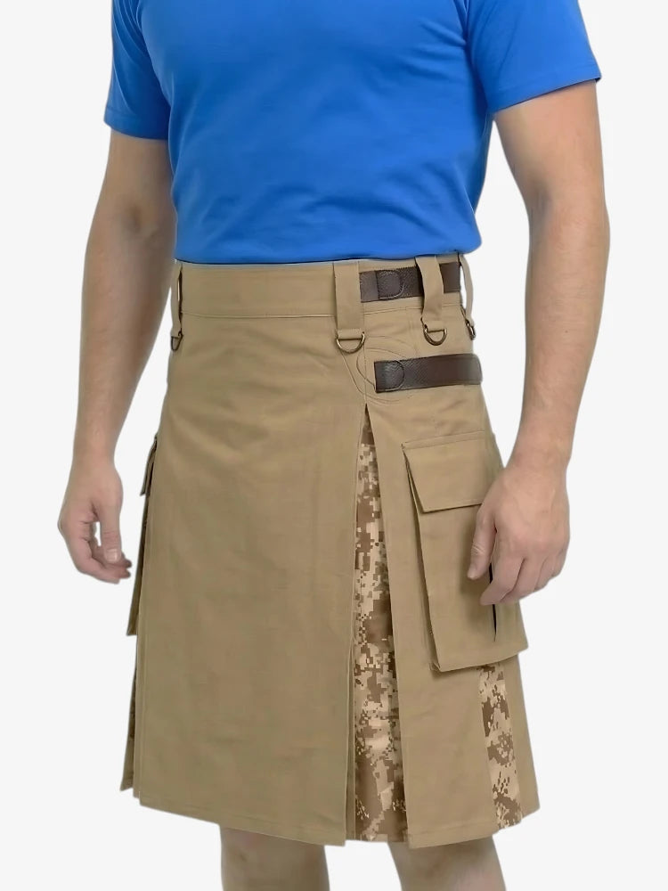 Khaki Hybrid-Kilt mit Wüsten-Tarnfalten