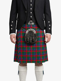 Person wearing a traditional Scottish kilt with a tartan pattern on a white background