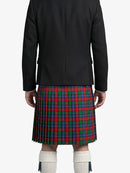 Person wearing a black jacket and a red, green, and blue plaid kilt on a white background