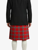 Person wearing a black coat and red plaid kilt on a white background