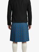 Person wearing a black jacket and blue plaid kilt on a white background